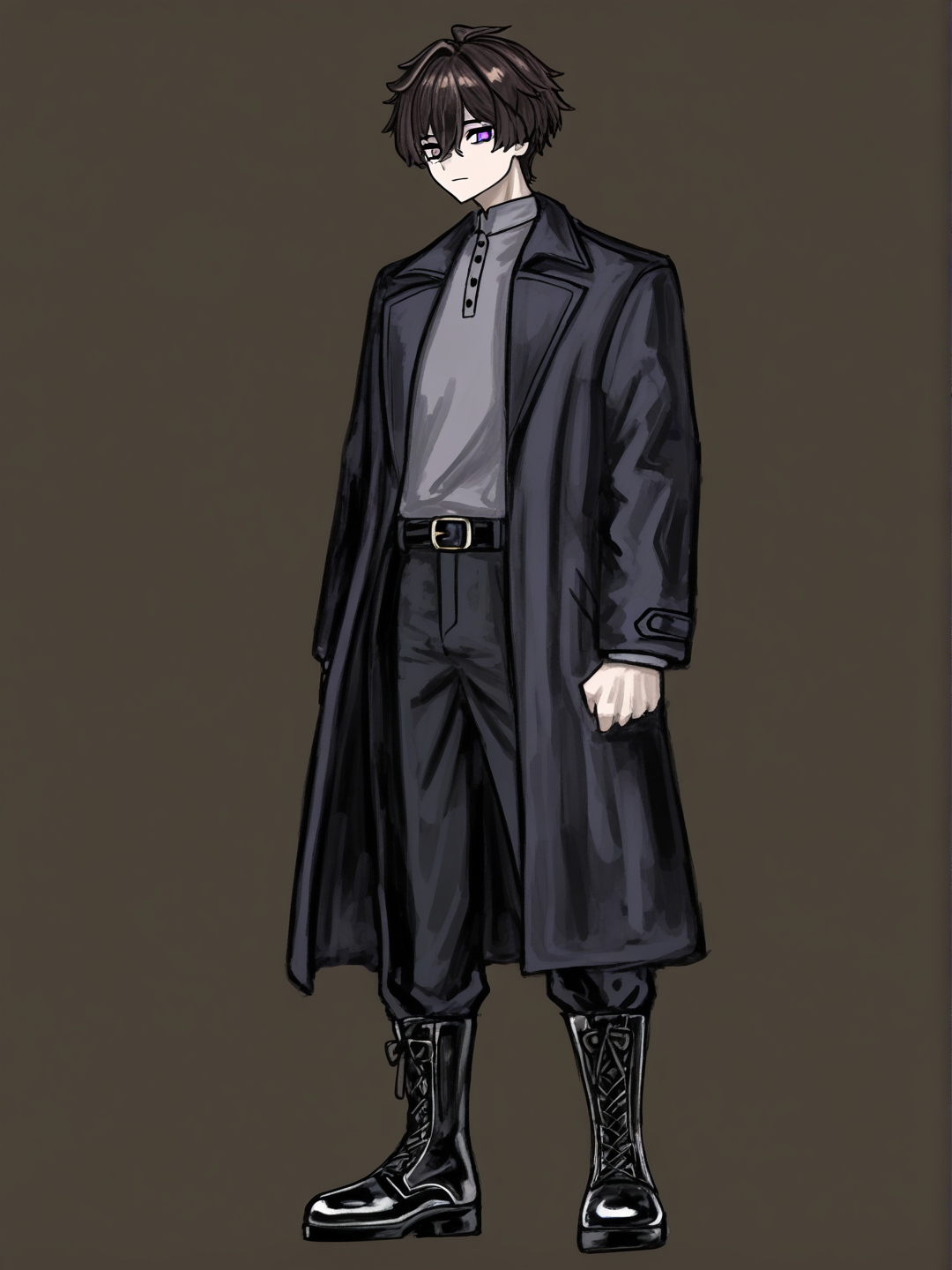 [sketchy-painterly-style] 1boy, dark brown hair, purple eyes, fair skin, black pants, black boots, grey shirt, black knee-length trenchcoat, teenager, genshin impact style, pop anime style, single character, full body, looking at viewer, simple background, white background
