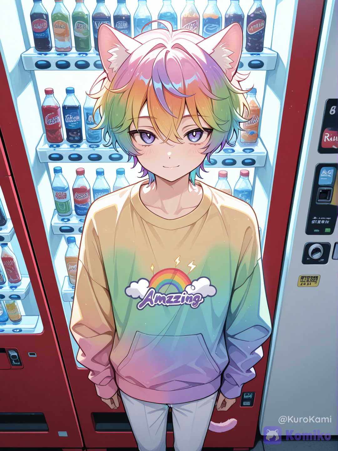 A guy with cat ears and tail, rainbow hair, wearing a rainbow sweatshirt, white pants, standing at a vending machine, front view, close-up, soft smile, looking at viewer, lightning day.