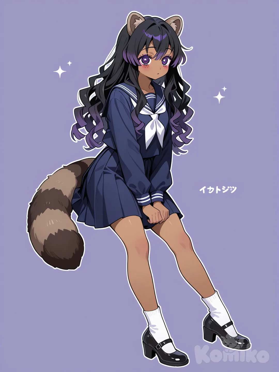 Mapache 🦝, Garota, negra, adolescente, cabelos longos, cacheados, preto com degrade roxo indo até as pontas, olhos roxos, usando uniforme escolar japonês azul marinho, saia acima do joelho, salto mary jane, kimetsu no yaiba style