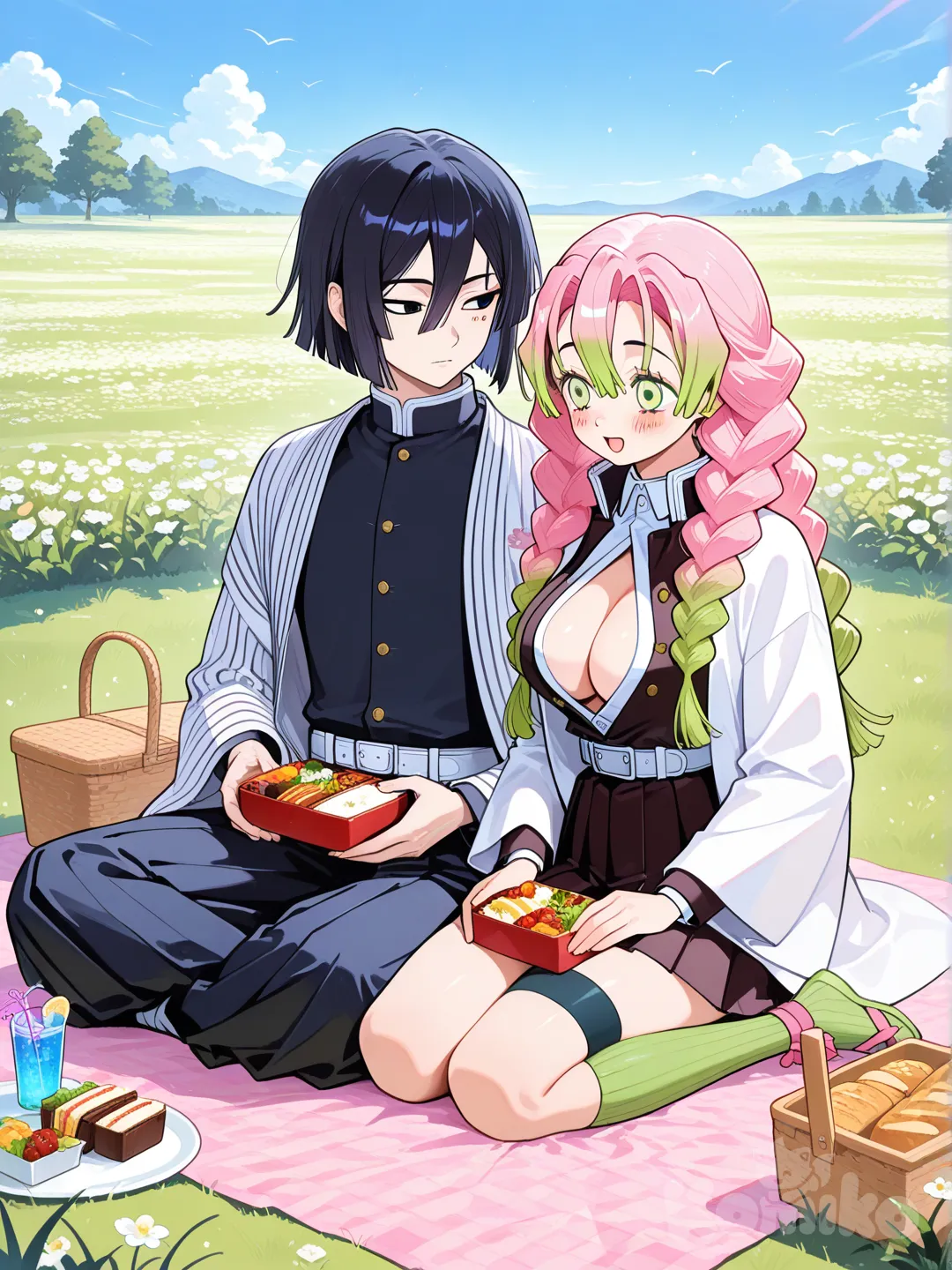 , Kanroji Mitsuri, Iguro Obanai, flower field