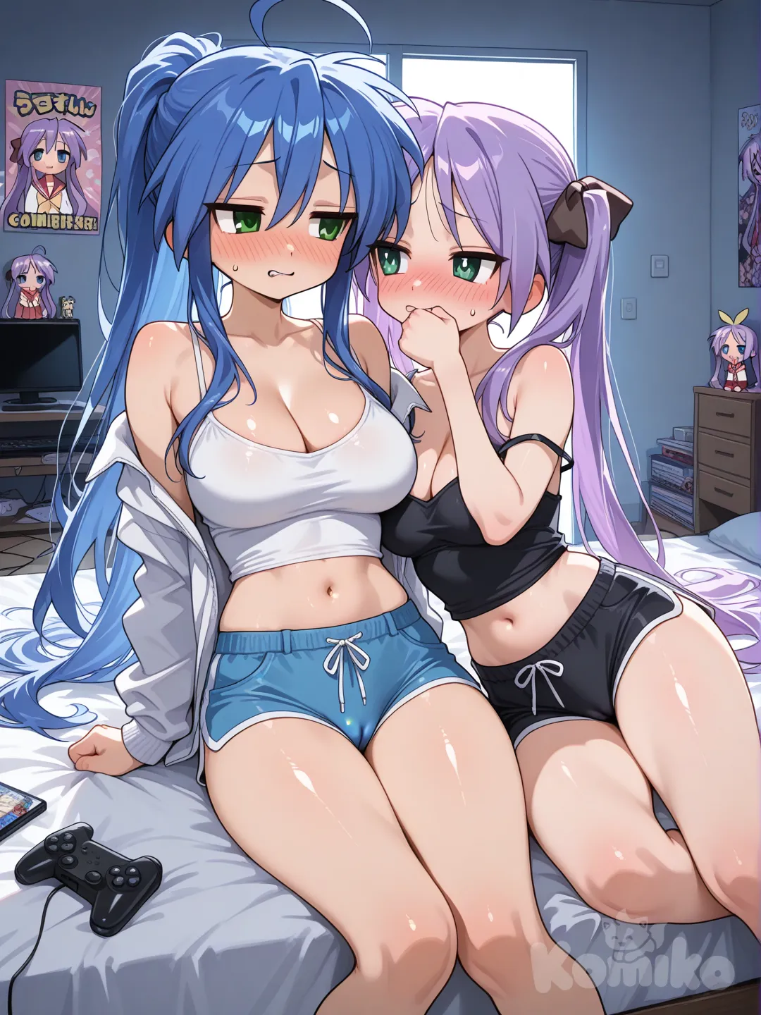 Konata Izumi Lucky Star, ultra sensual otaku tease, seductive pose on bed or chair, long blue ponytail flowing, green eyes half-lidded alluring gaze, biting lip playfully, wearing revealing off-shoulder top slipping down, tiny shorts riding up, exposed smooth thighs and midriff, gaming mouse in hand, erotic yet cute otaku vibe, sweat drops, blush, shiny skin, provocative cleavage, lucky star style mixed with fanservice anime,

Kagami Hiiragi staring at her from doorway or side, purple twin tails, heavy blush, tsundere flustered expression, eyes wide locked on Konata's body, hand covering mouth or clenched fist, internal conflict visible, yuri undertones, bedroom with konata's messy otaku room full of figures manga posters consoles, background, nsfw elements subtle