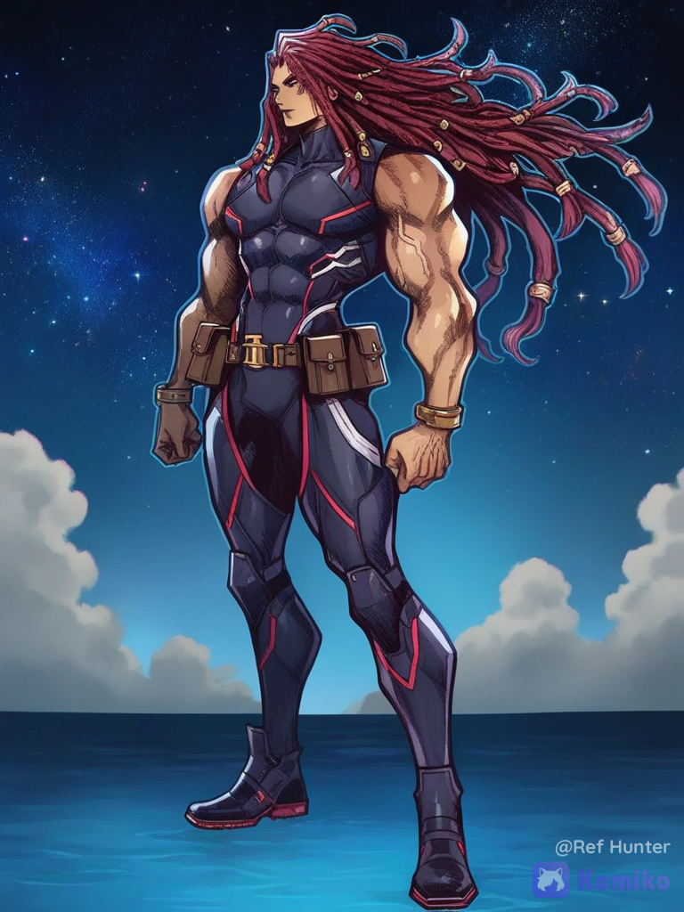 [classic-jrpg-style], thick outline, 1boy, diving suit, full body, starry sky, hulking muscles, wide shoulders, big pectorals, big biceps,tight sci-fi suit, utility belt, golden brown skin tone, dreadlock long lair, red hair
