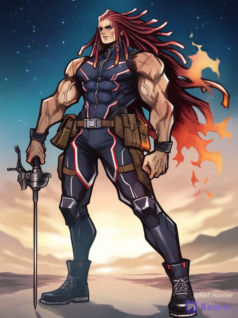 [classic-jrpg-style], thick outline, 1boy, diving suit, full body, starry sky, hulking muscles, wide shoulders, big pectorals, big biceps,tight sci-fi suit, utility belt, golden brown skin tone, dreadlock long lair, red hair, light facial scars, holding flame rhe styled rapier, looking at viewer