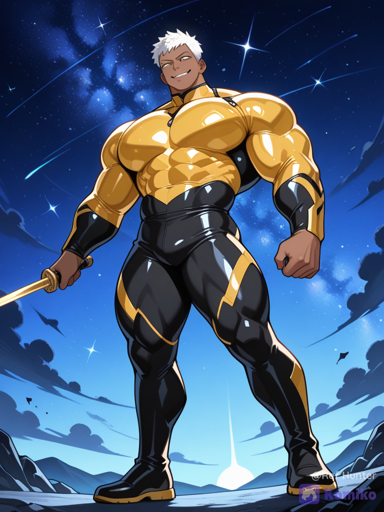 1boy, solo, tetsuya nomura, dark skin, spiky short hair, white hair, huge muscles, huge pectorals, wide shoulders, tapered waist, holding daggers, tight bodysuit, gold and black bodysuit, starry sky, full body, night, standing, from below, dynamic pose, sharp eyes, confident expression, video game character, smirk