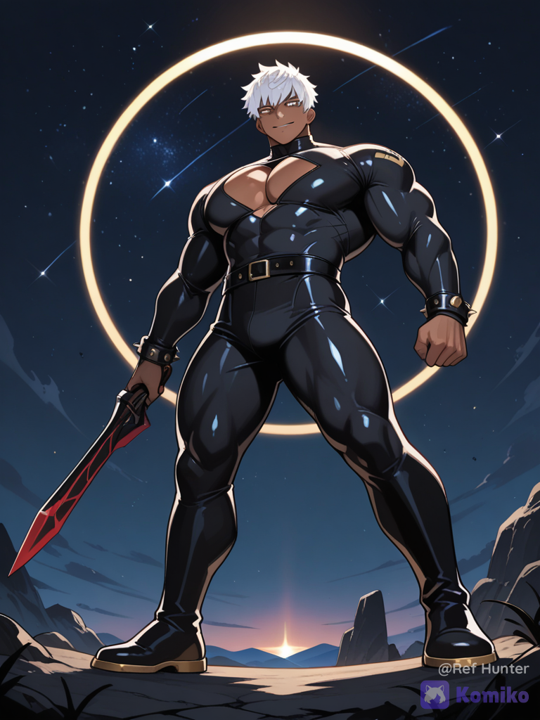 1boy, solo, tetsuya nomura, dark skin, spiky short hair, white hair, huge muscles, huge pectorals, wide shoulders, tapered waist, holding daggers, tight bodysuit, gold and black bodysuit, starry sky, full body, night, standing, from below, dynamic pose, sharp eyes, confident expression, video game character, smirk