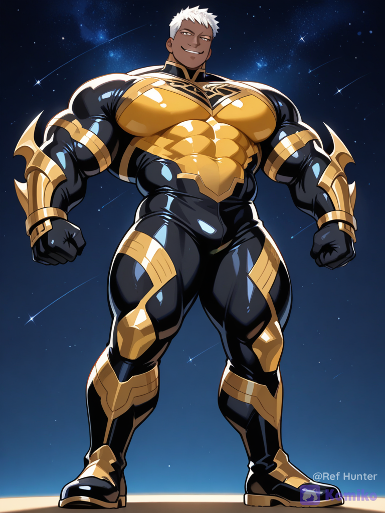 1boy, solo, tetsuya nomura, dark skin, spiky short hair, white hair, huge muscles, huge pectorals, wide shoulders, tapered waist, holding daggers, tight bodysuit, gold and black bodysuit, starry sky, full body, night, standing, from below, dynamic pose, sharp eyes, confident expression, video game character, smirk