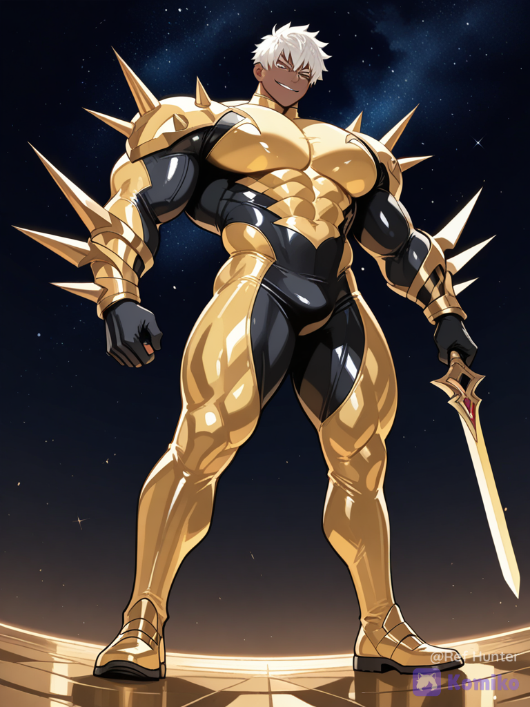 1boy, solo, tetsuya nomura, dark skin, spiky short hair, white hair, huge muscles, huge pectorals, wide shoulders, tapered waist, holding daggers, tight bodysuit, gold and black bodysuit, starry sky, full body, night, standing, from below, dynamic pose, sharp eyes, confident expression, video game character, smirk