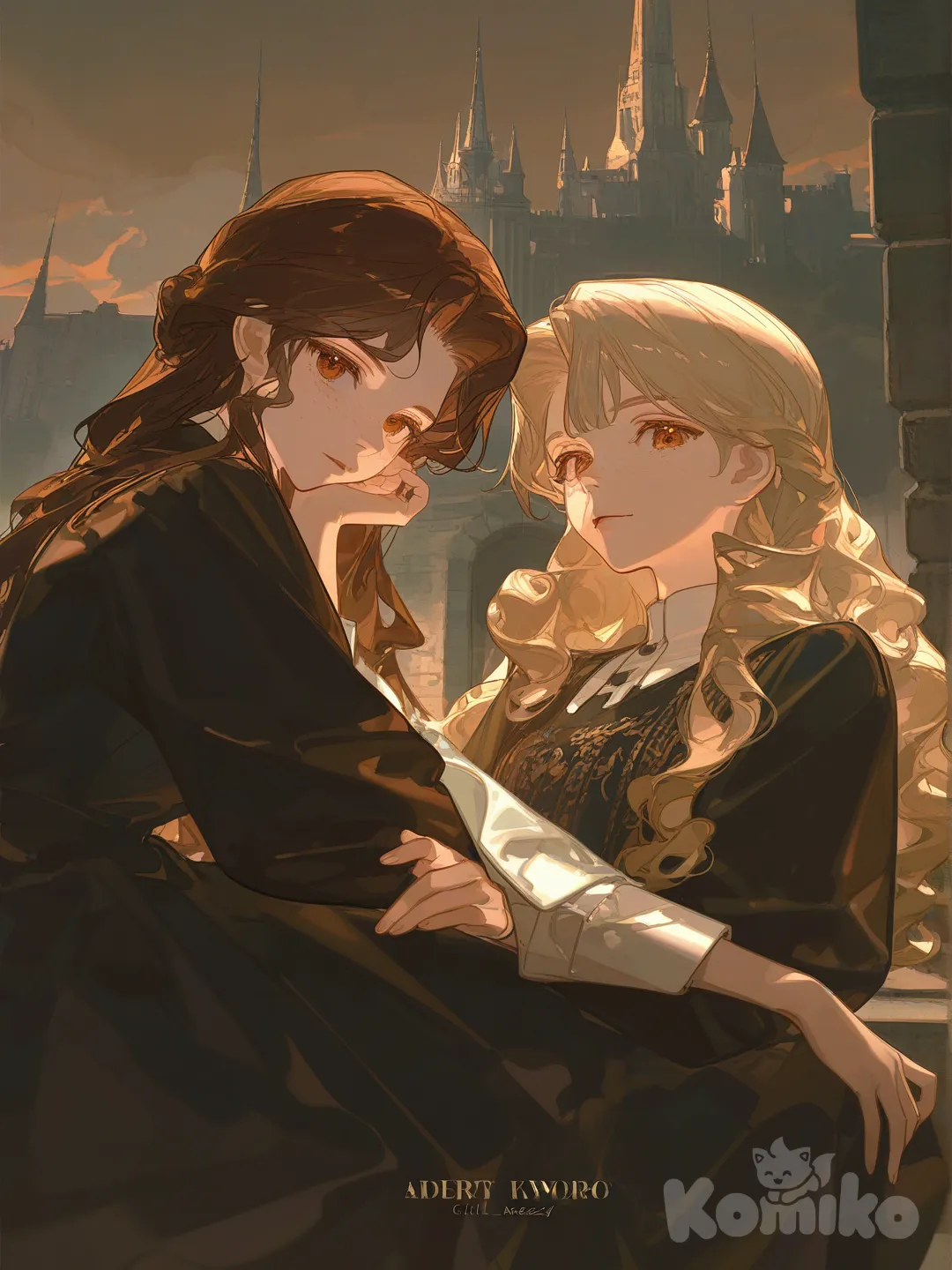 Два человека. Женщина. Девушка. Взрослая. Молодая. Светлые волосы. Кудрявые волосы. Волнистые волосы. Карие глаза. Янтарные глаза. Веснушки. Сложная прическа. Венецианское платье., 2people, looking at viewer, portrait, side light, castle, [dazzling-illustration-style]