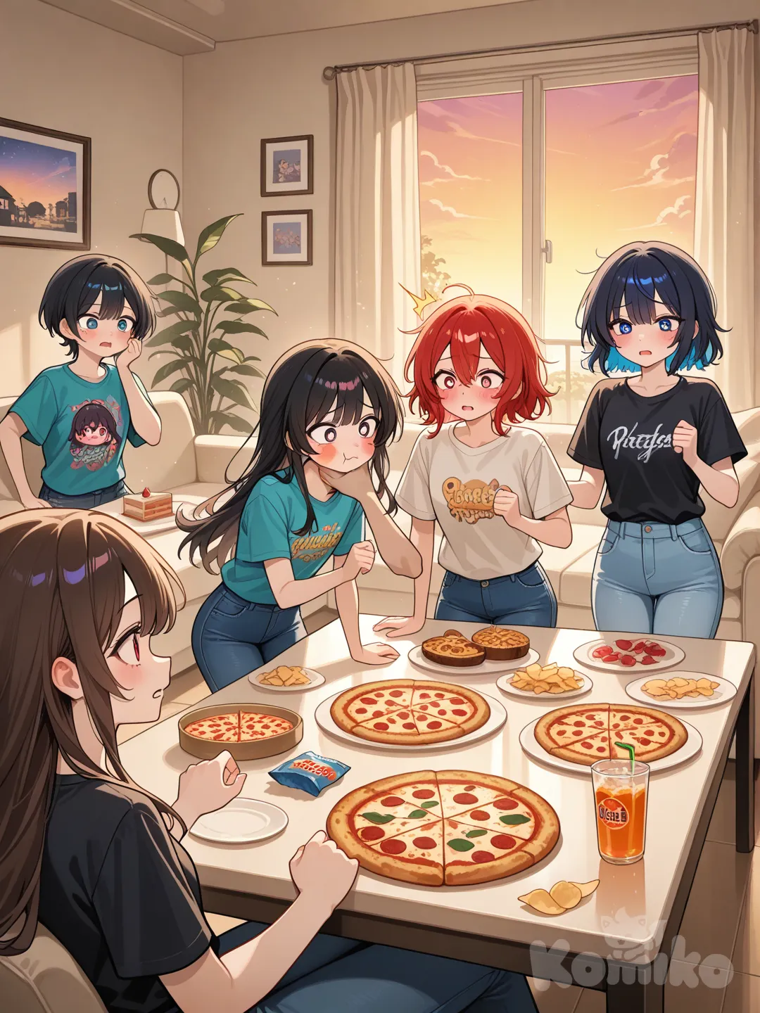 Il était un fois 5 adolescents qui sont en soirée.
Ils mangent des chips, pizzas, gateaux et bonbons
Ils dansent, jouent, discutent
Puis une fille s'étouffe avec un bonbon et devient toute rouge
Tout le monde s'arrete et la regarde sans savoir quoi faire