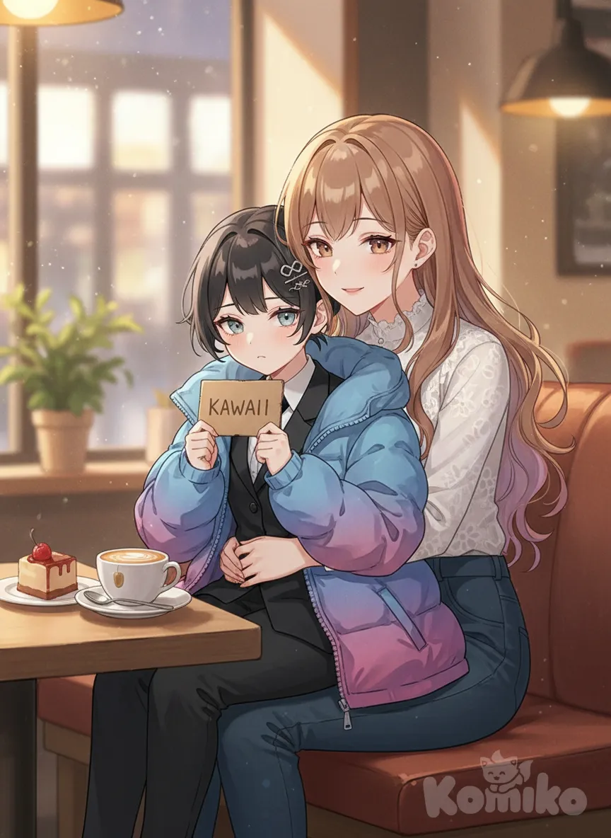 <zero-TBI2>, 2girls, kawaii, holding sign, sitting on lap, hoodie, suit pants, down jacket, lace, hairpin, double s, double buns, gradient, medium long shot, cinematic lighting, cafe