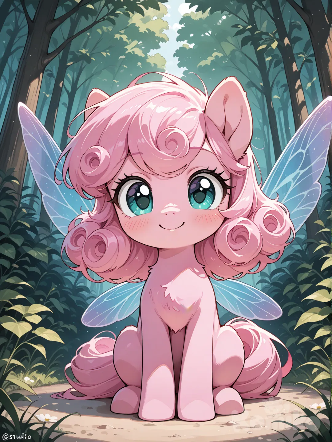 My Little Pony, studio ghibli, pink body, curly hair, short, fairy wings