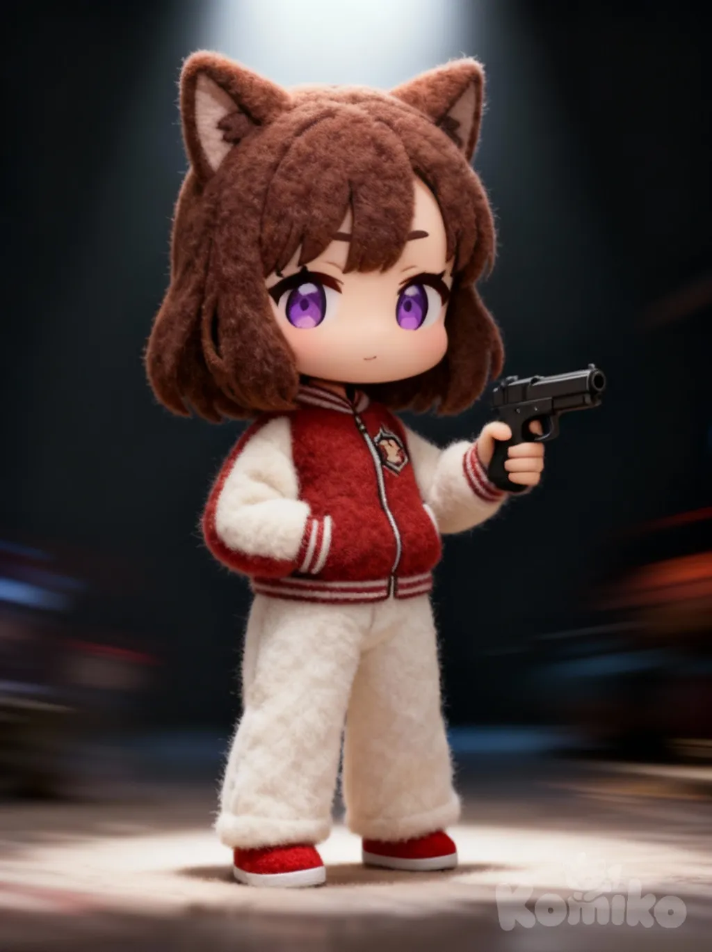 1girl, @mia-flinty-i51Q, [soft-furry-style], holding gun, blurred background, top light