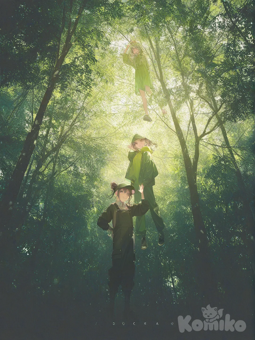 2girls, [iridescent-style], high five, polo shirt, hoodie, overalls, cargo pants, raincoat, tracksuit, zebra print, sherpa, baseball cap, crown, double buns, bald, neon green, fuchsia, ultra-wide shot, day, forest