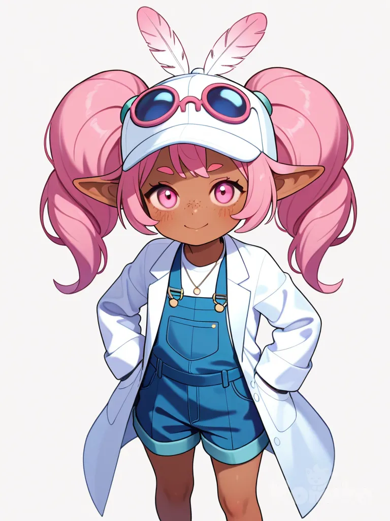 1girl, pastel_colors, teenager, scrawny, twintails, pink_eyes, freckles, dark_skin, lab_coat, overalls, suit, tassels, feather_hat, single_character, full_body, looking_at_viewer, anime_style, simple_background, white_background