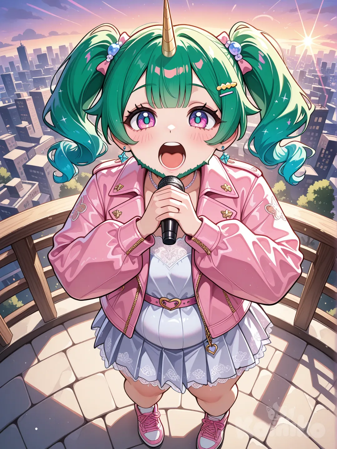 @twinky-rainstop-aKaJ, singing, panoramic lens, rim light, cityscape