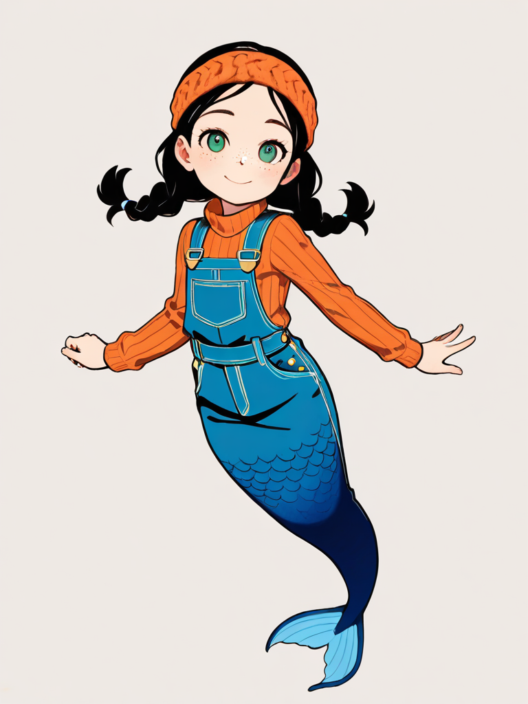 1girl, mermaid, teenager, petite, braids, green eyes, freckles, fair skin, knitted vest, overalls, spacesuit, lace, headband, single character, full body, looking at viewer, anime style, simple background, white background