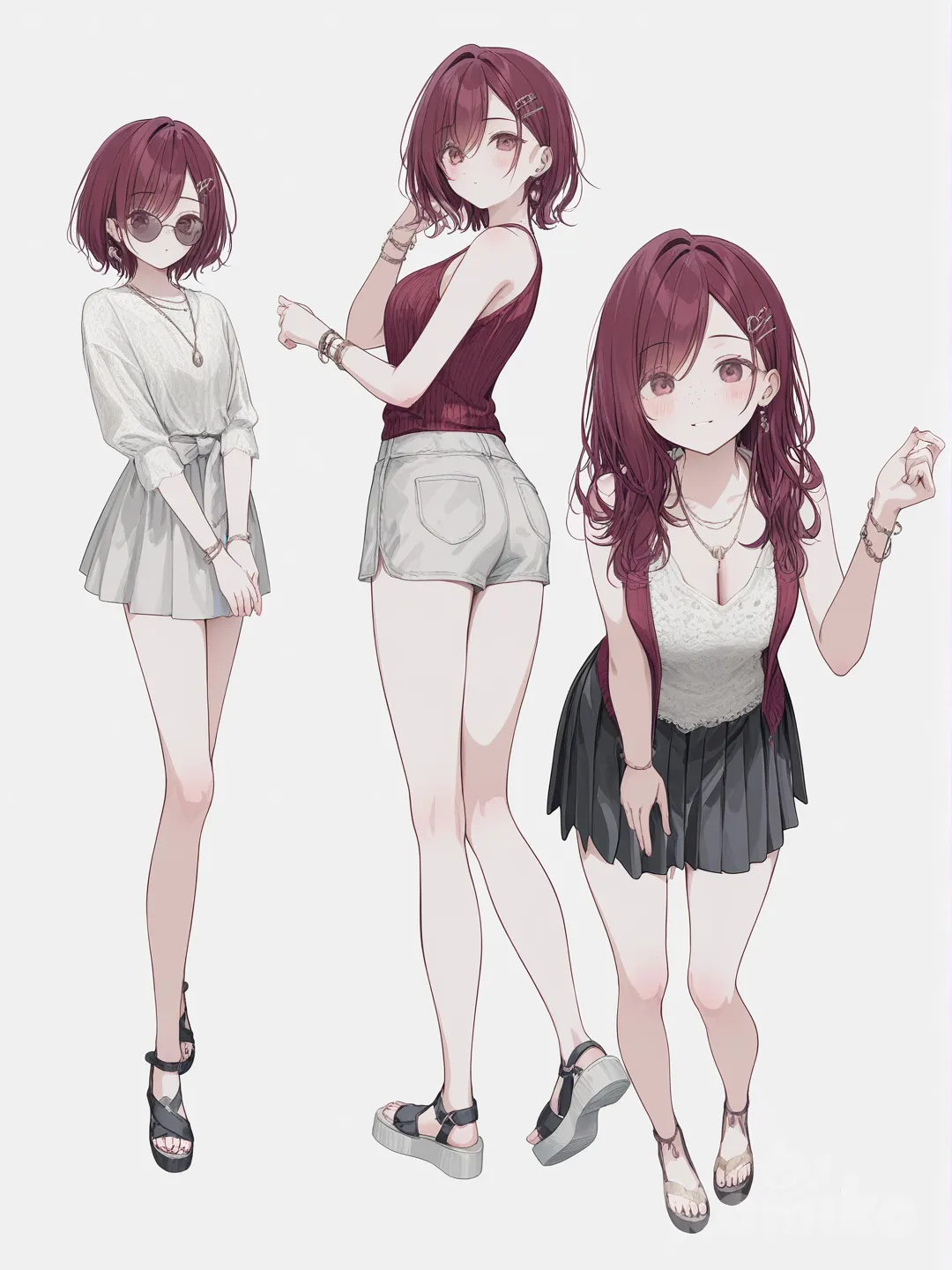 [soft-pastel-style] 1girl, one_piece, mature_female, curvy, short_stature, maroon_hair, side_parted_hair, short_hair, brown_eyes, dimples, freckles, fair_skin, pleated_skirt, beach_shorts, knitted_vest, bohemian_shirt, studs, tassels, ruffles, lace, plastic, sunglasses, headphones, bracelet, earrings, necklace, bow, hairpin, hair_accessory, single character, full body, looking at viewer, anime style, simple background, white background