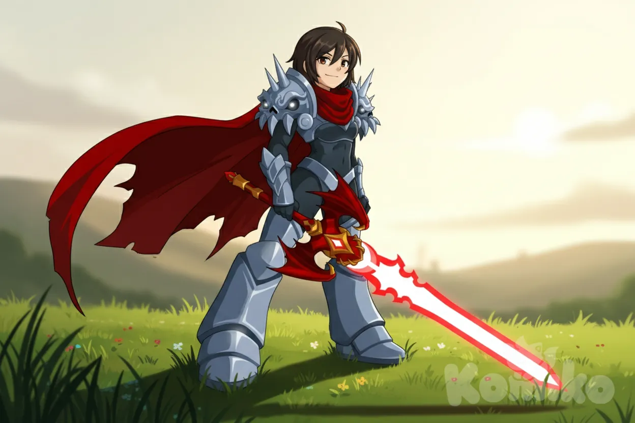 Lookin up at viewer, brandishin sword, grassy field under shoes, solo, cool pose, female