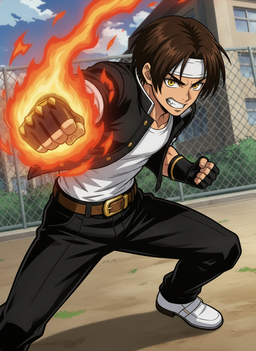 [bold-anime-screencap-style], 1boy, @kyo-kusanagi-ypaR, boku no hero academia, angry, Throwing a fire slugging hook punch, fire punch, body leaning forward, dynamic angle, dynamic pose, anime coloring, anime screencap, Cel shading, highlights soft, high contrast, Background: Schoolyard.