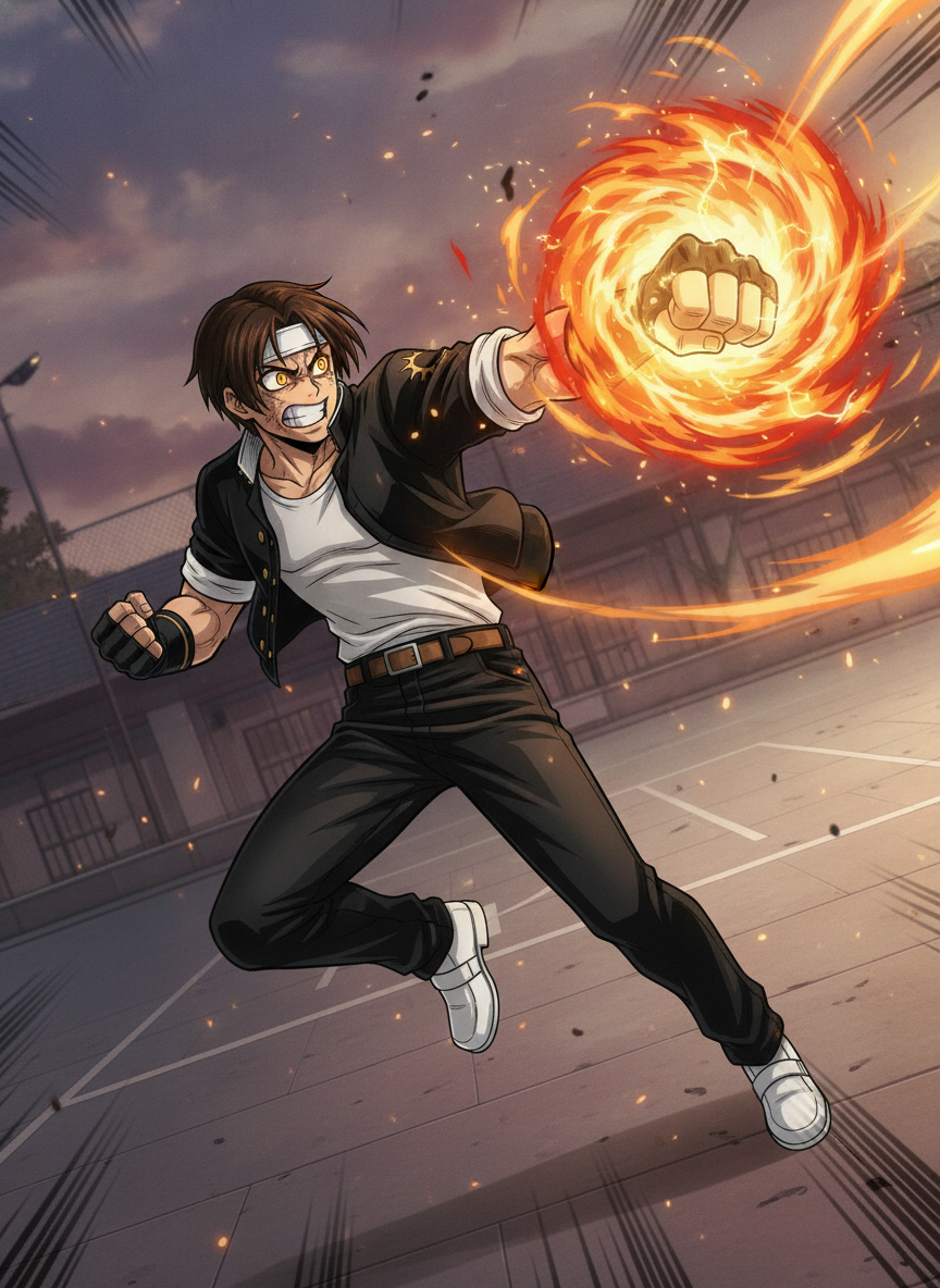 [bold-anime-screencap-style], 1boy, @kyo-kusanagi-ypaR, boku no hero academia, angry, Throwing a fire slugging hook punch, fire punch, body leaning forward, side view, dynamic angle, dynamic pose, anime coloring, anime screencap, Cel shading, highlights soft, high contrast, Background: Schoolyard.