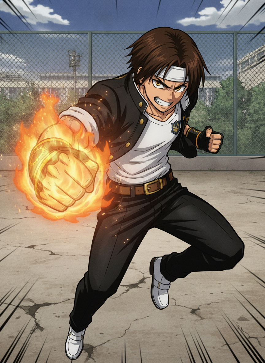 [bold-anime-screencap-style], 1boy, @kyo-kusanagi-ypaR, boku no hero academia, angry, Throwing a fire slugging hook punch, fire punch, body leaning forward, dynamic angle, dynamic pose, anime coloring, anime screencap, Cel shading, highlights soft, high contrast, Background: Schoolyard.