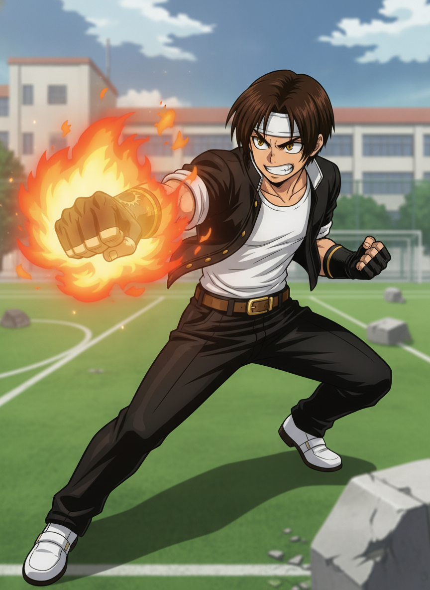 [bold-anime-screencap-style], 1boy, @kyo-kusanagi-ypaR, boku no hero academia, angry, Throwing a fire slugging hook punch, fire punch, Leaning forward, dynamic angle, dynamic pose, anime coloring, anime screencap, Cel shading, highlights soft, high contrast, Background: Schoolyard.