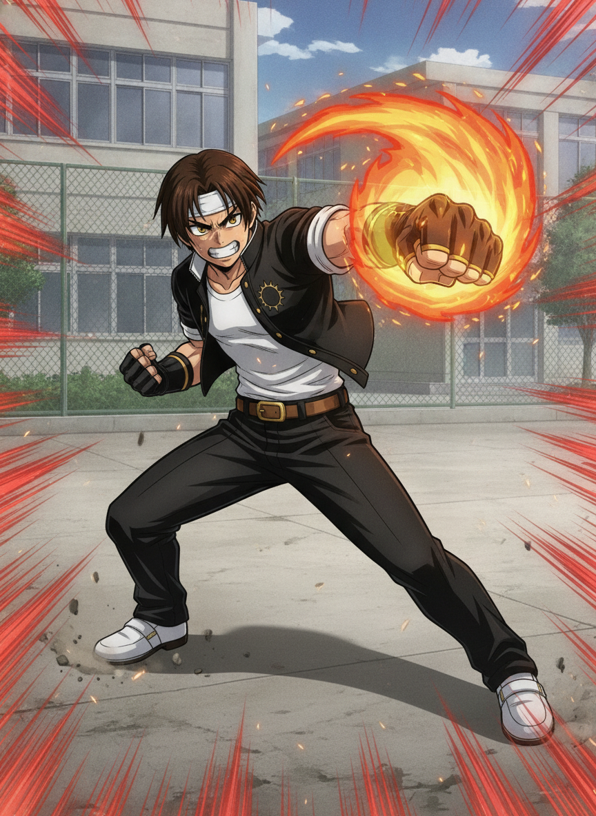 [bold-anime-screencap-style], 1boy, @kyo-kusanagi-ypaR, boku no hero academia, angry, Throwing a fire slugging hook punch, fire punch, dynamic angle, dynamic pose, anime coloring, anime screencap, Cel shading, highlights soft, high contrast, Background: Schoolyard.