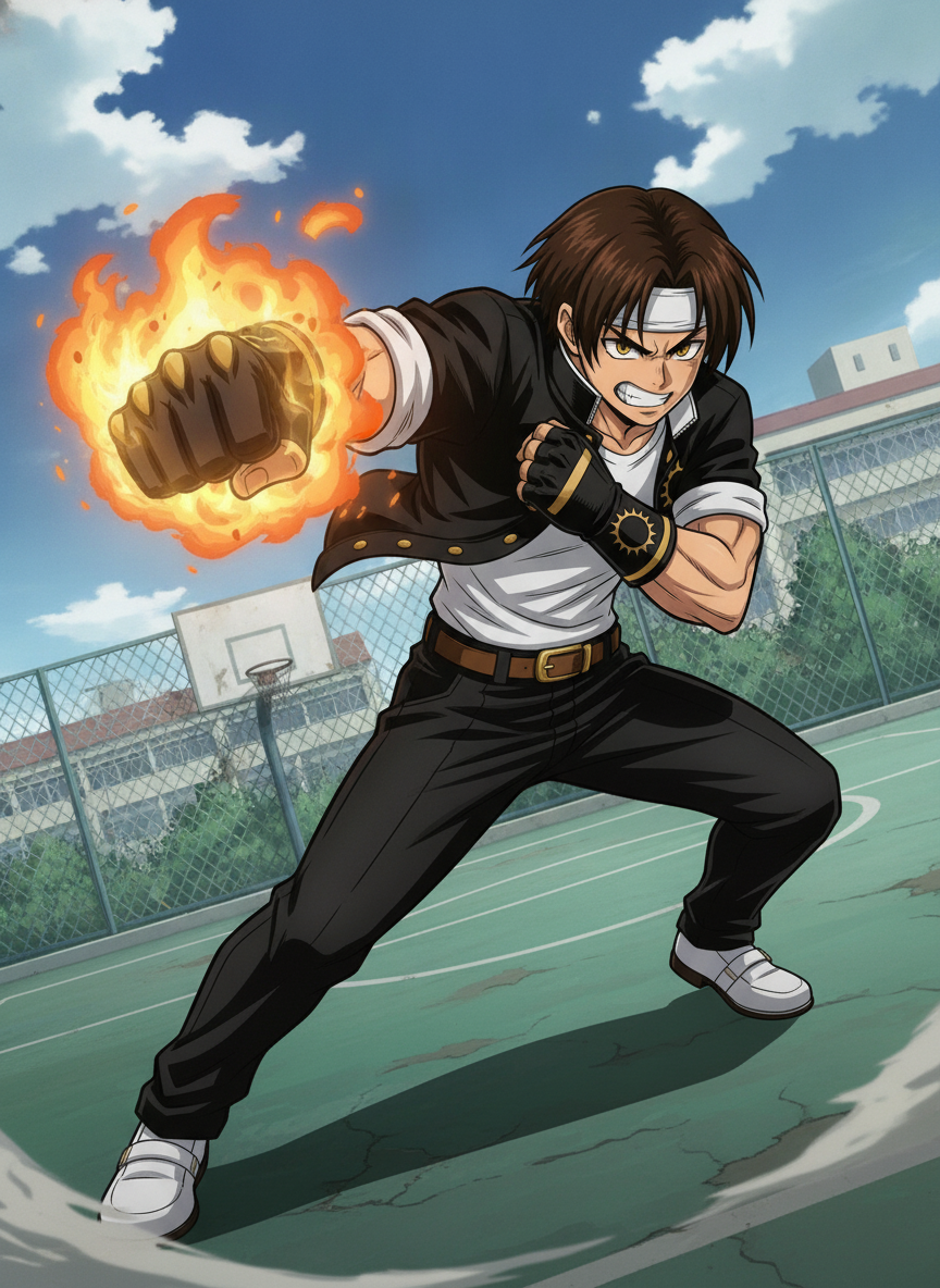 [bold-anime-screencap-style], 1boy, @kyo-kusanagi-ypaR, boku no hero academia, angry, Throwing a fire slugging hook punch, fire punch, body leaning forward, dynamic angle, dynamic pose, anime coloring, anime screencap, Cel shading, highlights soft, high contrast, Background: Schoolyard.