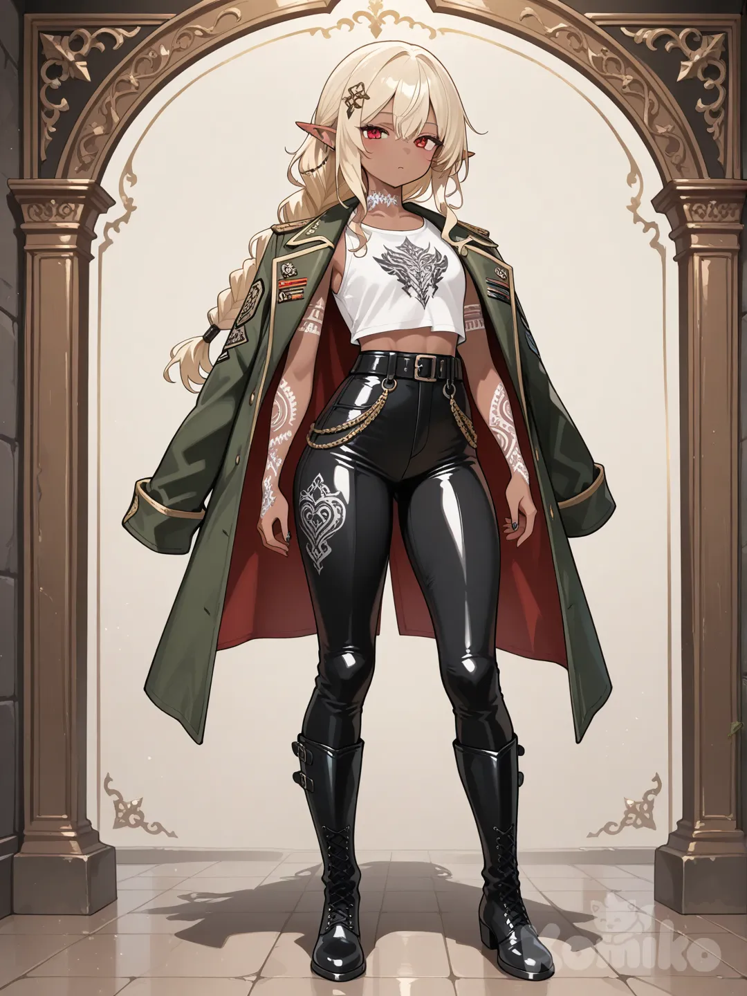 1girl, dark elf, athletic, petite, blonde hair, wavy hair, braided ponytail, red eyes, dark skin, while tattoos from neck down left arm to finger tips, not skin tight leather pants, military surplus jacket, hair ornament, ridding boots