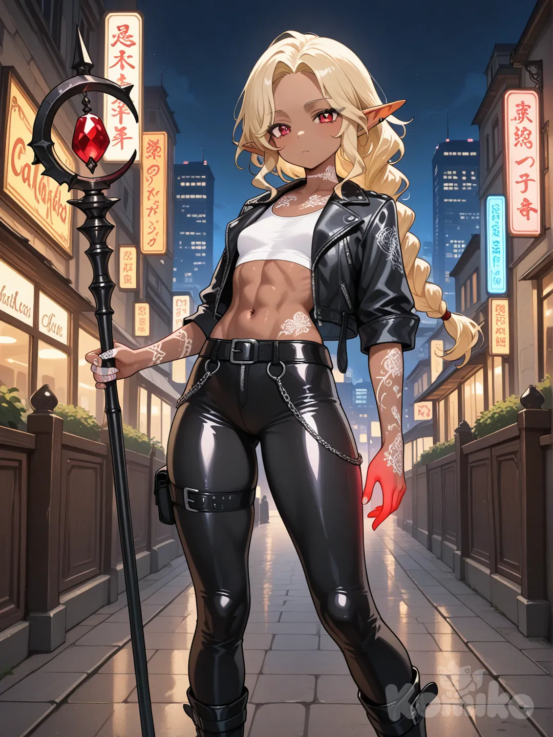 1girl, dark elf, athletic, petite, blonde hair, wavy hair, braided ponytail, red eyes, dark skin, while tattoos from neck down left arm to finger tips, leather pants and jacket, magic user, urban fantasy
