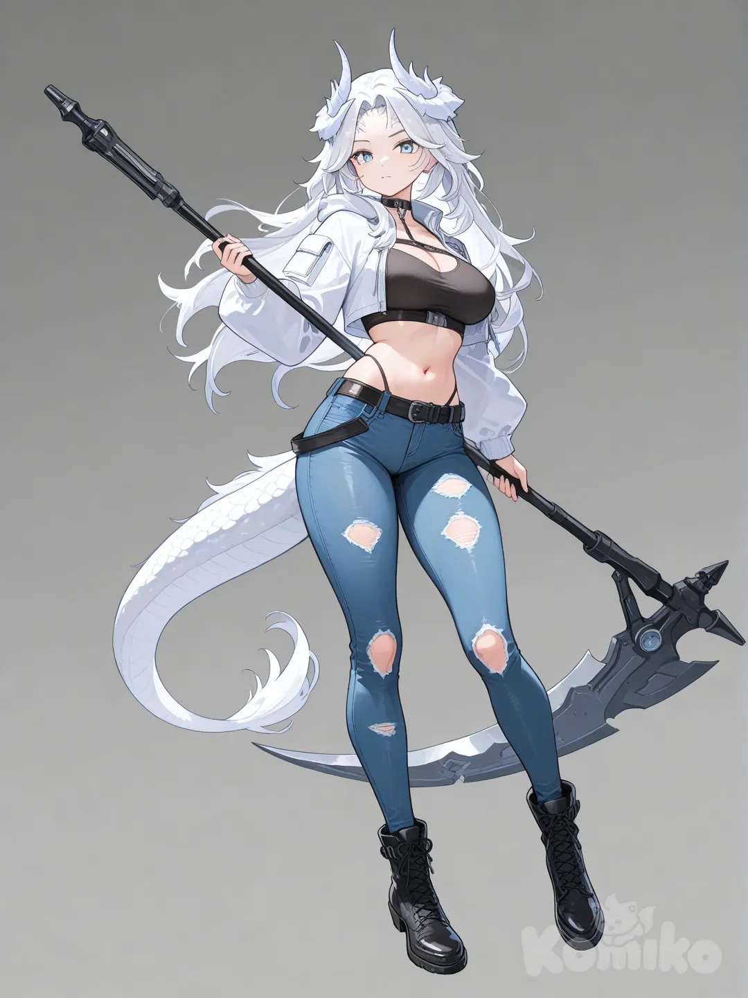 Crossbreed Priscilla dressed as an urban fantasy character, dragon girl, hold scythe, blue jeans, cropped jacket, full body, white horns