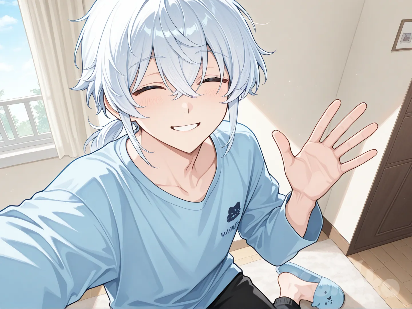 japanese male, long white hair, low ponytail, sky blue long sleeve t shirt, black sweatpants, smile, looking at viewer, closed eyes, bedroom, slippers, selfie, waving