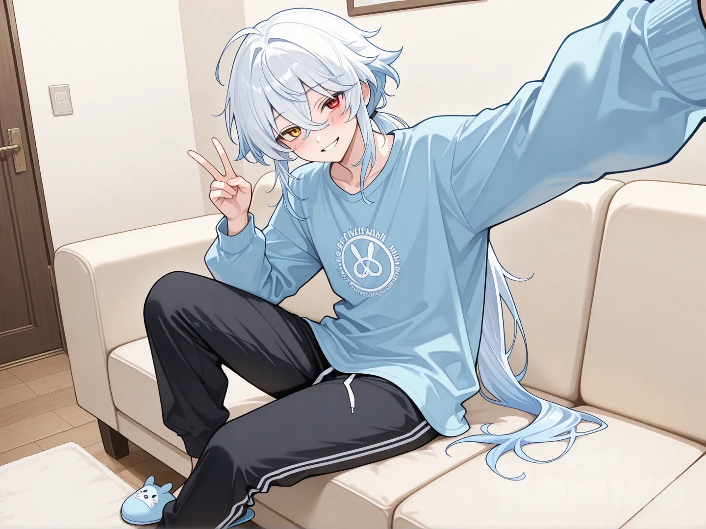 japanese male, long white hair, low ponytail, sky blue long sleeve t shirt, black sweatpants, smile, looking at viewer, heterochromia, one yellow eye, one red eye, blush, sitting on couch, slippers, selfie, peace sign