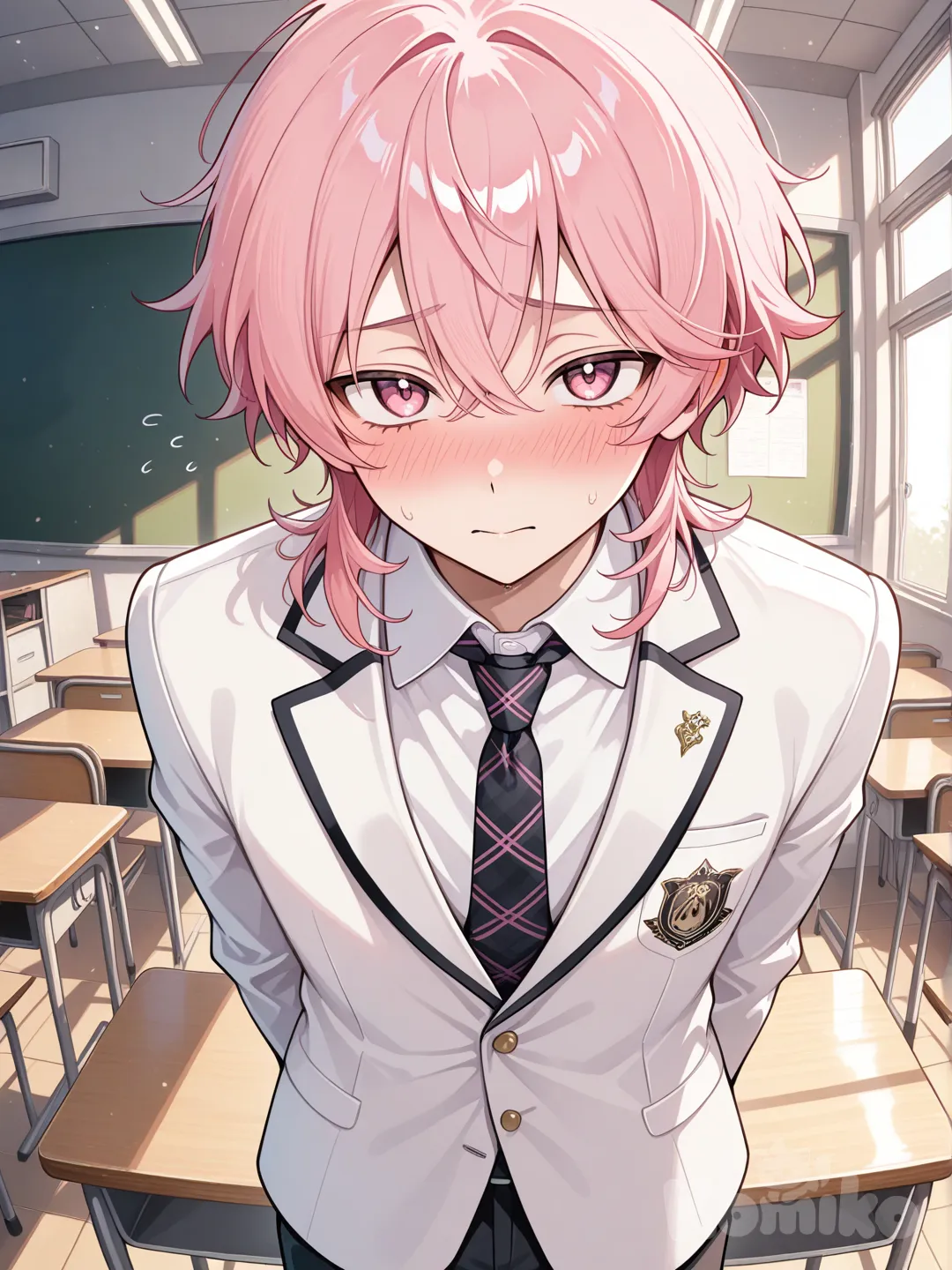japanese male, medium length pink hair, pink eyes, white blazer, black plaid tie, black pants, arms behind back, blush, shy, classroom