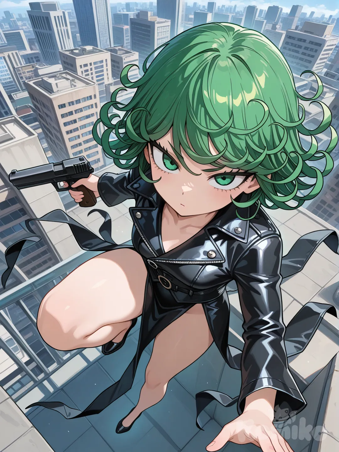 @Tatsumaki, holding gun, leather jacket, vest, depth of field, from above, jumping from rooftop