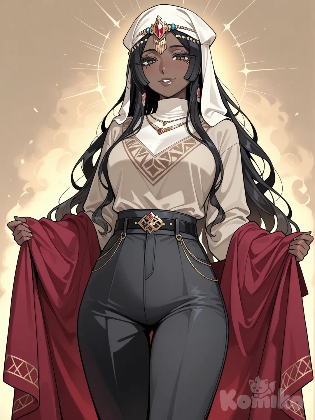 She moved with a natural grace that seemed to carry the rhythm of ancient deserts and modern cities alike. Her eyes, the deep shade of rich coffee or twilight, held stories and a keen intelligence. Framed by long, dark lashes, their gaze was both warm and penetrating. Her hair, like a cascade of dark silk, flowed in waves that caught the light, sometimes partially covered by a stylish keffiyeh or scarf that added an air of elegant mystery.Her features were striking – high cheekbones, a strong nose, and full lips that easily curved into a generous smile. The light danced on her golden-olive skin, reminiscent of sun-kissed dunes. She wore a modern, tailored abaya in a deep charcoal grey over fitted trousers, the fabric moving fluidly with her. It was an ensemble that spoke of confidence and contemporary style while honoring heritage.What was most captivating was not any single feature, but the aura she carried: one of quiet strength, self-assuredness, and a vibrant spirit that shone through. She was like a modern Scheherazade – not a mystery to be unraveled by others, but the author of her own compelling story.