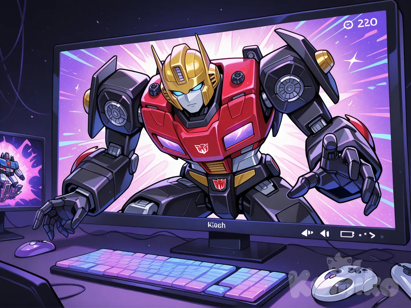 Certainly! Here is a description of the image in English:
🤖 Image Description
This is a close-up shot of a collection of complex action figures or models, likely from the Transformers or a similar mech/robot franchise, displayed in a dimly lit setting.
* The Figures: There appear to be about six to seven figures grouped together. They are highly stylized with sharp, mechanical details and bright colors. The most prominent figures include:
* A figure in the center foreground that is primarily military green/sage and grey, standing lower than the others.
* Several figures positioned slightly behind and above the center one, featuring striking color schemes like red and black, yellow and black, and grey/white and blue. They have large, spiky details on their heads and shoulders, giving them an aggressive or heroic appearance.
* A figure on the far right that is predominantly black and dark grey.
* The Background: The figures are positioned directly in front of a computer or TV screen which is displaying a vibrant, abstract pattern of light rays and colors, possibly from a video game or a stylized graphic. The bright screen creates a dramatic, high-contrast effect with the dark figures.
* The Foreground/Setting: The very bottom of the image shows a dark surface with a subtle glow of pink/purple light coming from a device, which looks like a gaming mouse (a Logitech G mouse is partially visible on the bottom right) or keyboard, suggesting the display is on a gaming desk.
Overall, the picture captures a cool, intense display of collectible robot figures set against a dramatic, glowing backdrop.
Would you like me to identify any of these specific figures or translate this description into Vietnamese?