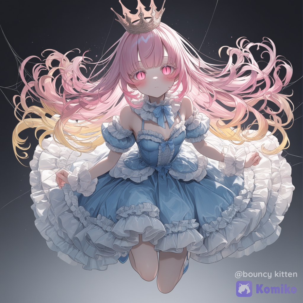 [ethereal-fantasy-style], 2girls, floating, blush, expressionless, klein blue dress princess, silk, ruffles, crown,yellow and pink long hair, eye pink, demon-estyl pupil, girls cute