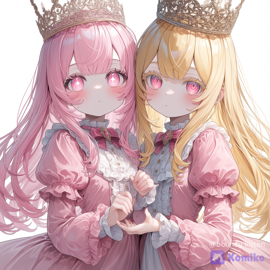 [ethereal-fantasy-style], 2girls, floating, blush, expressionless, klein pink long dress princess, silk, ruffles, crown, pink and yellow long hair, eye pink, demon-estyl pupil, girls cute
