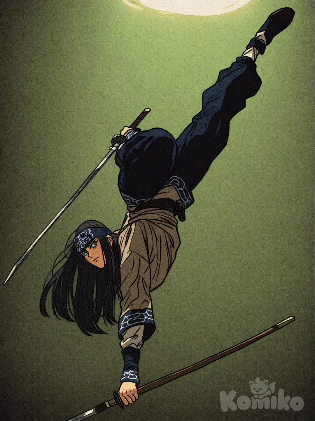 [action-manga-style]Minha oc para ou pouco conhecido anie Golden kamuy ,ela se chama será mulher bonita Ainu 24 anos corpo bonito, cabelos pretos lisos longos ,olho esverdeado com tom de azul, pele clara usa roupas ainu de cor marrom claro calsa,usa arco e flecha , ela tem uma expresao seria no rosto ela faz ema acrobacio um mortal para tras para desviar de um golpe de katana