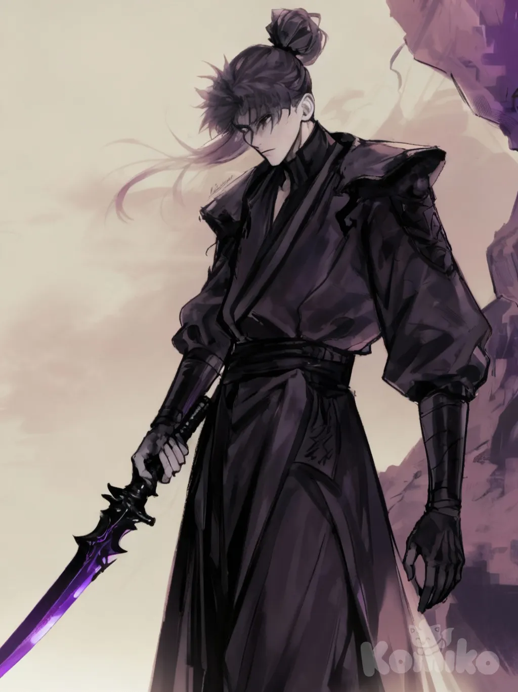 pale skin, handsome man, male focus, sinister black and purple sword, holding sword, black cloak