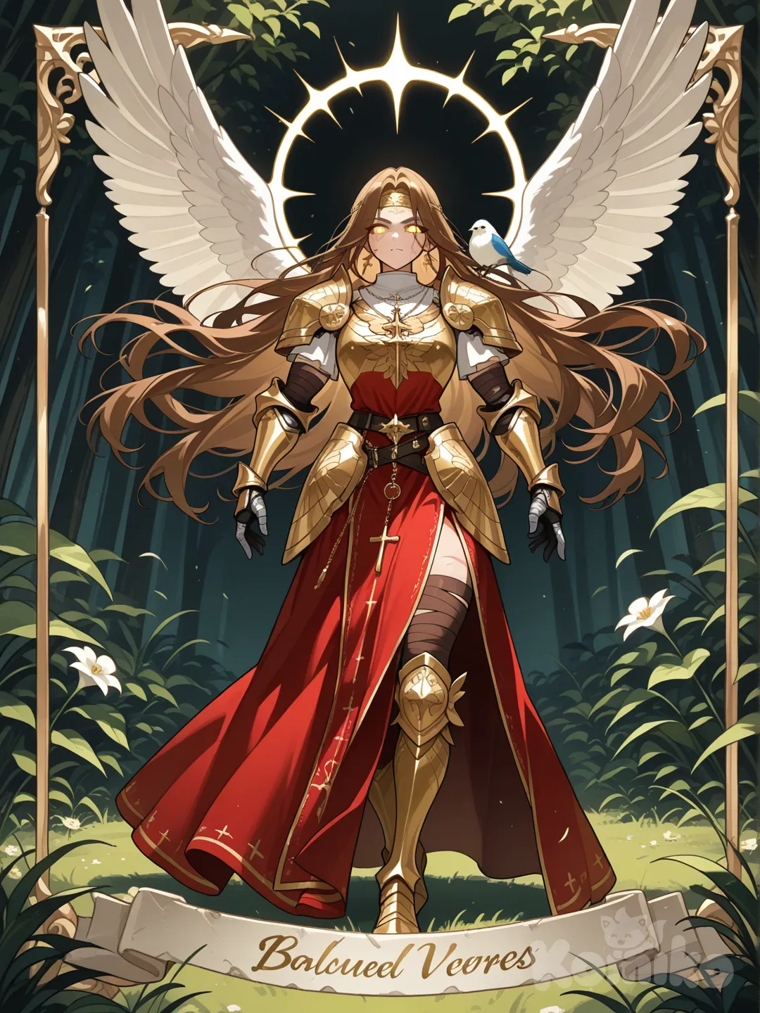 She has brown long beautiful hair and a red long armored dress with gold features on her dress and she has black gloves with her gauntlets and she has some brown bandages stripes on her gauntlets and gloves with Bible verses and she has a cross nature necklace and cross earrings and she has a gold head band on her head and she has some cuts and scars on her gorgeous beautiful face snd she has glowing white and gold eyes and she is tall and extremely powerful and she has gold shoulder pads with flower pictures on it and white armored shirt and the some red a breastplate she has big angel wings and she has silver goldish gauntlets with flower pictures on it and Bible verses on it and she has cross earrings and she has a gold head band on her head and some bird on her gold shoulder pads she has a cross necklace she was the archangel of natures and animals and she has powerful armored boots and Bible verses in it’s boots and she has 
She has some muscles on her arms