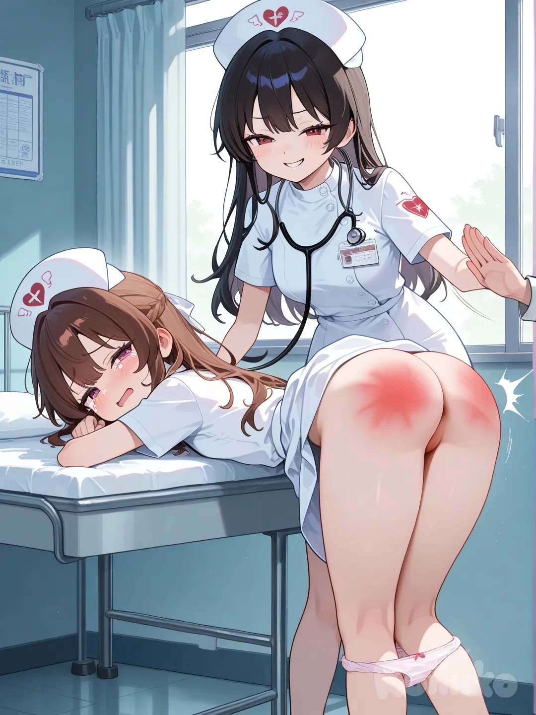 Une infirmière puni une vilaine jeune adolescente, spanking