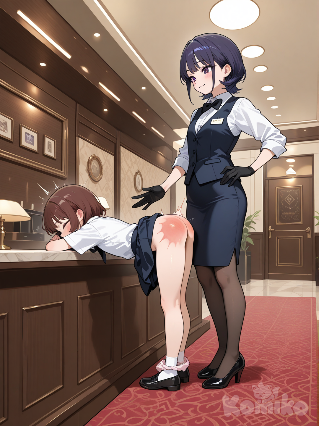 Une hôtesse d'hôtel spanking une enfant. Cul nue, hôtesse avec des gants, vue sur toute la scène