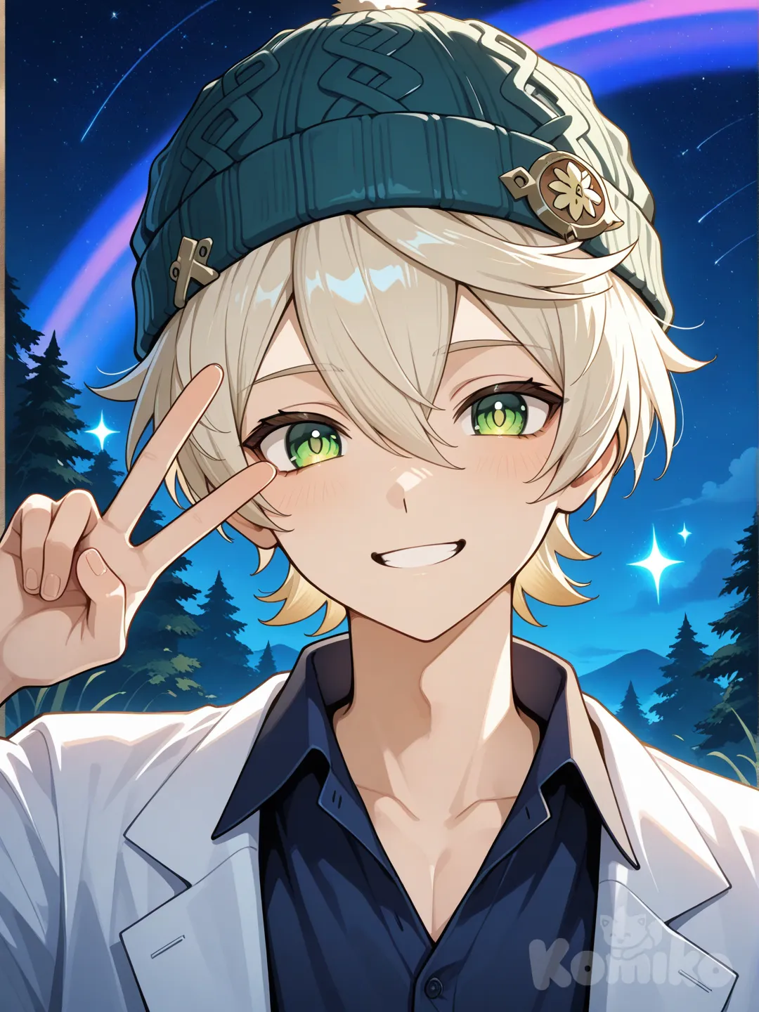 anime boy, handsome character, anime art style, 1boy, @Bennett_(Genshin_Impact), v sign, lab coat, beach shorts, suit, plastic, beanie, blonde hair, rainbow, headshot, night, forest