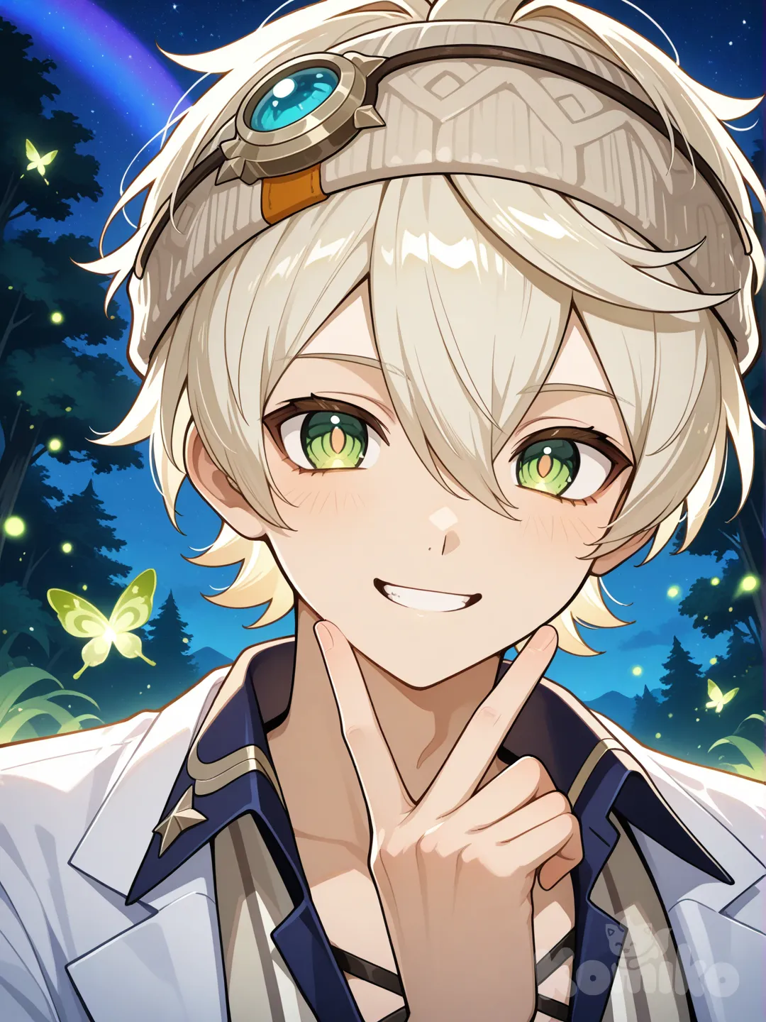 anime boy, handsome character, anime art style, 1boy, @Bennett_(Genshin_Impact), v sign, lab coat, beach shorts, suit, plastic, beanie, blonde hair, rainbow, headshot, night, forest