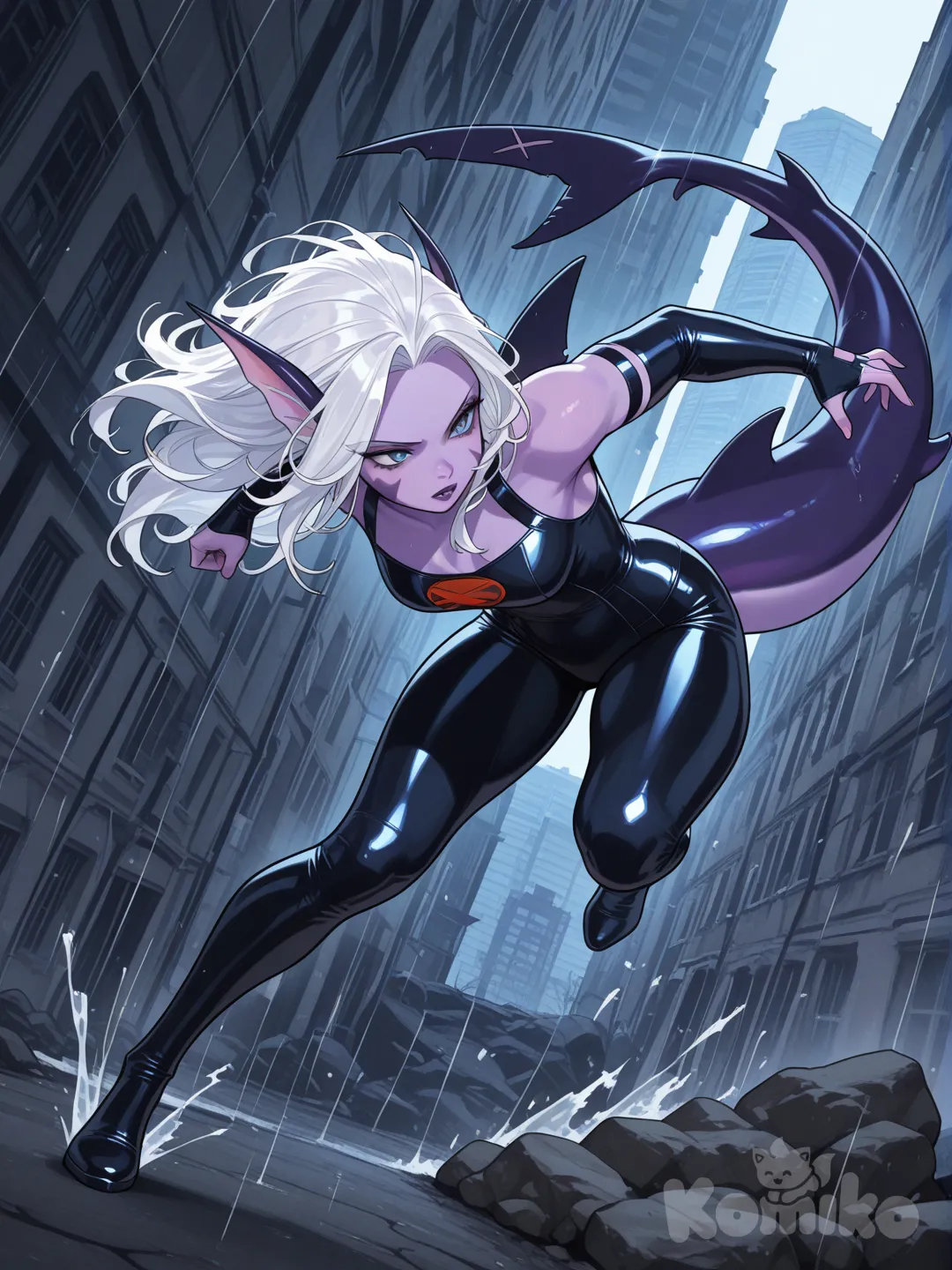 x-men,comic, marvel,lilac color skin, white hair, female, webbed ears, legs, shark tail