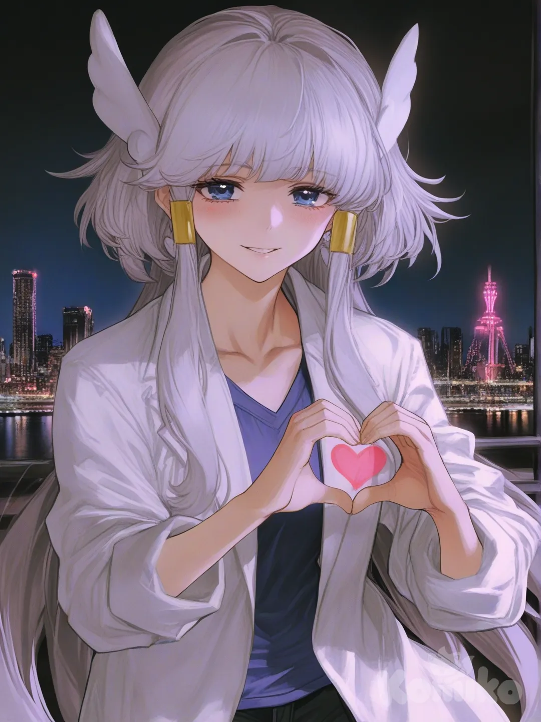 1 elf boy, [semi-realistic-portrait-style], heart hands, lab coat, pants, city lights, neon lights, looking at viewer, long hair, white hair, cure beauty