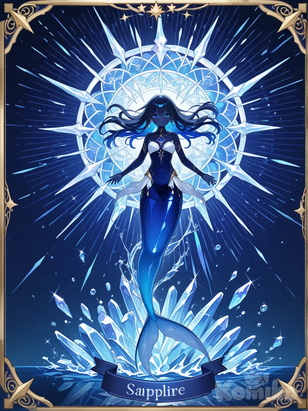Symbol of a minimalist silhouette of a mermaid made of shimmering sapphire water, set in a circular white frame surrounded by a gold border, crystal background, dynamic light foreground, harmonious and symmetrical form. 2D Anime
