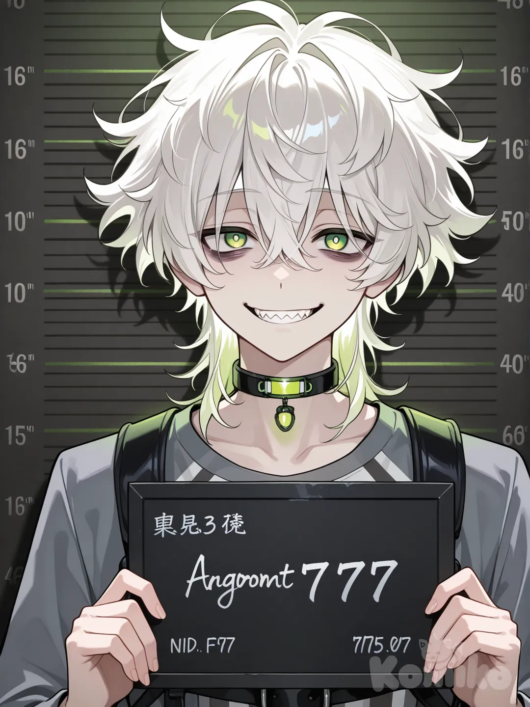 1 boy, attractive man, unruly white hair, green eyes, crazy look, dark circles under his eyes, sharp teeth, arrogant smile, attractive features, pale skin, black choker with small green neon screen, gray prison clothes, holding a criminal poster with his prisoner number "7707", police booking wall background